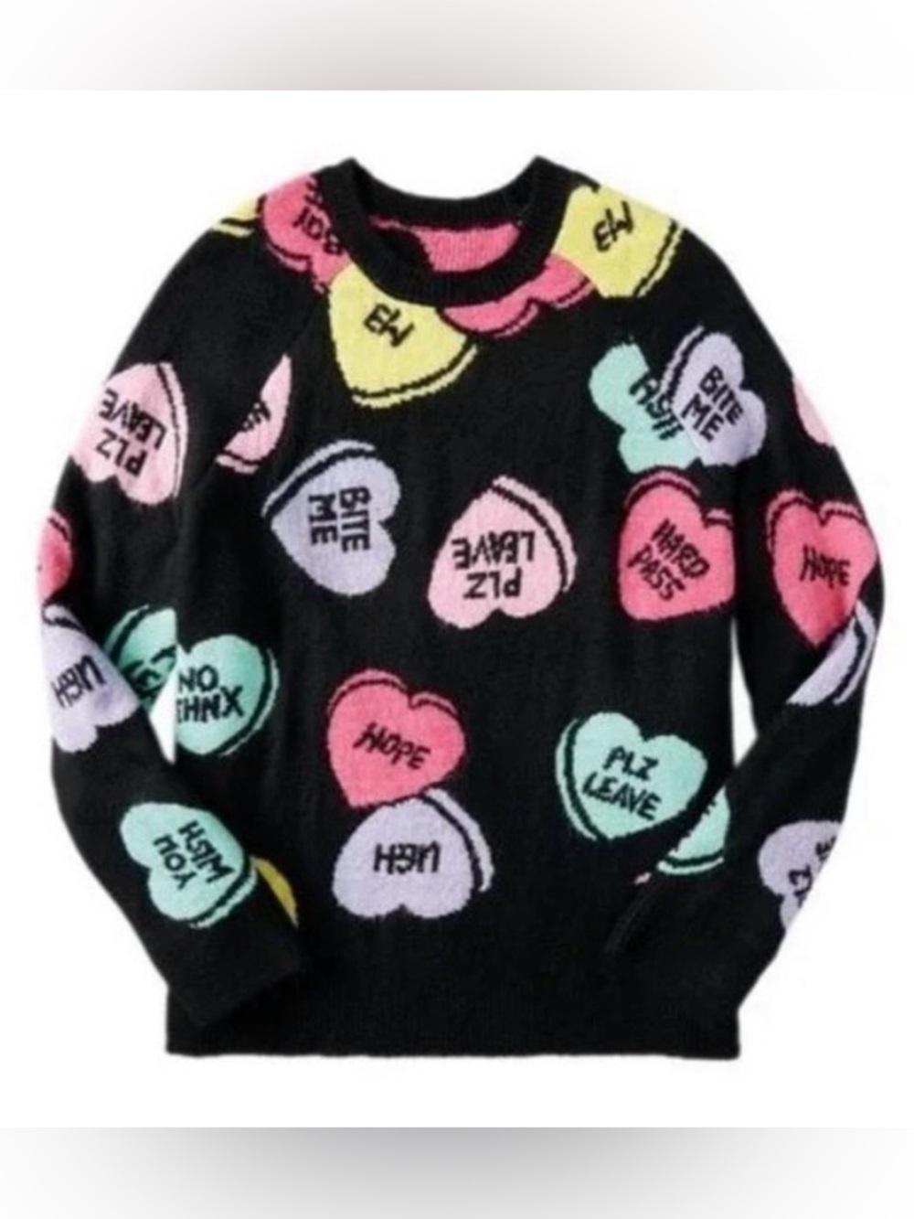 Sierra Black Valentine Sweater with Snarky Pastel Conversation Hearts